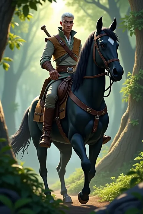 Create an adventurer on a black horse, e um furão White em sua bolsa, he is 1 and thin, he is dark, White, with brown eyes , make it in a forest, with a sword on his back and a magic ring , Do it in 3D,he is a man, no beard
, masculine, beautiful, 