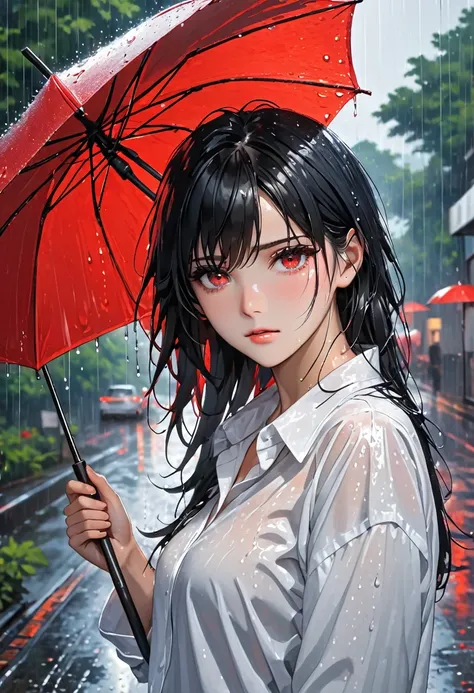 Black hair, red eyes, white shirt, wet from the rain, black pants