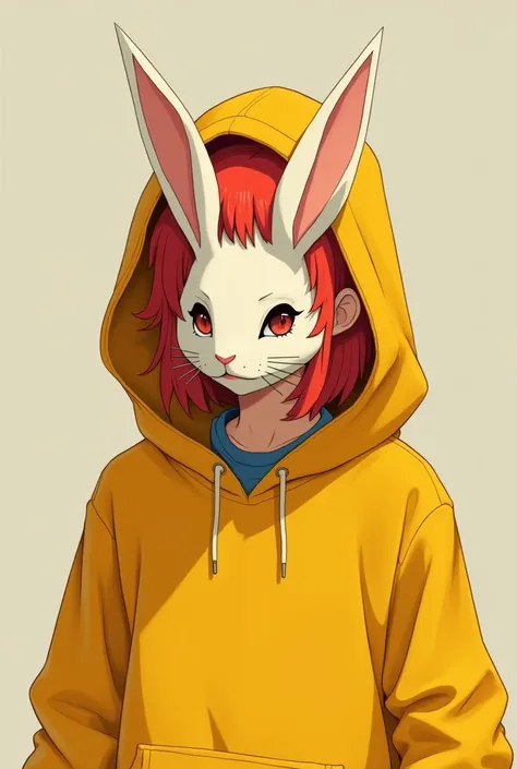 One with red hair wearing a yellow hoodie over his face with an anime style paper rabbit mask