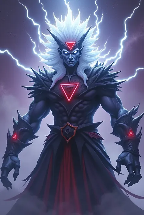 Create an imposing and powerful demon god.but has spiky white hair that radiates intense energy. His eyes are white, no pupils, and he has no mouth, which gives it a mysterious and terrifying air. Your skin is a light, cold blue, contrasting with his sinis...