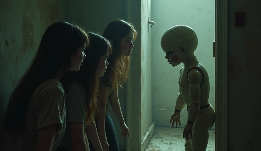 A group of friends, frightened inside an old room, with a dusty doll turning its head toward them as the door slams shut.