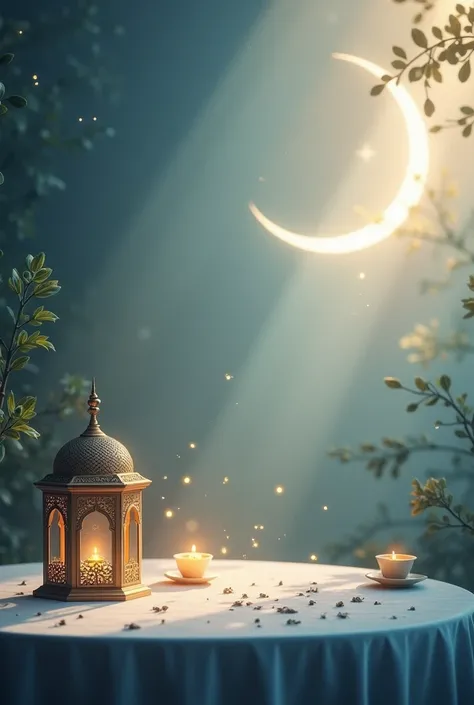 Create aesthetic and light 12 rabiulawal background that can be blur with and hangings. Of moon and like that stuff
And write Eid Milad un Nabi in English on it on top of it and an empty table without any food