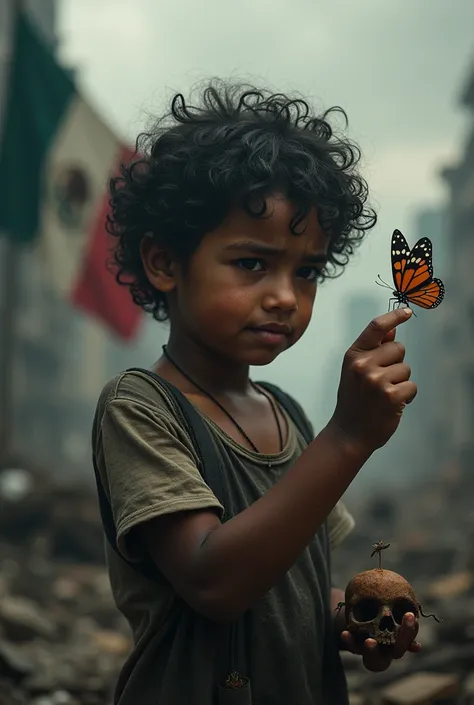 "An evocative and ultra-realistic visual depiction of a Mexican boy in worn and dirty clothes, holding a faded toy in one hand and with a bloody hand, 
Mexican, curly hair, dusty face and clothes, ((a destroyed city in the background, destroyed building)),...