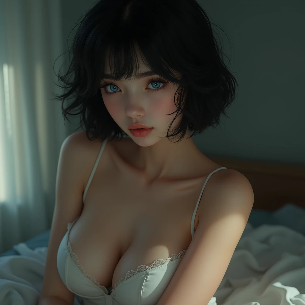 1girl, hyper detailed, solo, masterpiece, anatomically correct, short black hair, large breasts, blue eyes, intimate viewpoint, headphones, full body, photorealistic, 8k, ultra-detailed, high quality, sharp focus, cinematic lighting, dramatic atmosphere, e...