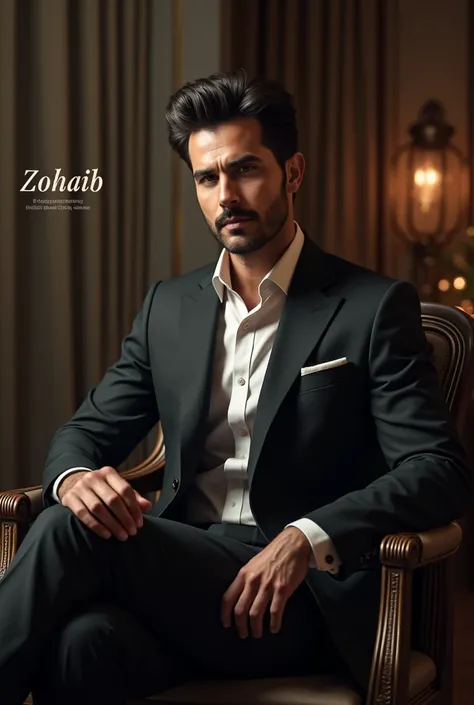 Name: Zohaib

Style: The hairstyle should be impressive and stylish, with a sleek, well-groomed look. Imagine a charismatic and sophisticated appearance. Zohaib should be seated on a chair, with one leg crossed over the other. His name "Zohaib" should be w...