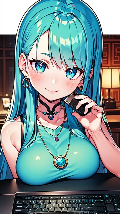 masterpiece, best quality, ultra-detailed, illustration,(1girl),beautiful detailed eyes, looking at viewer, (holding a computer keyboard), happy, (turquoise hair:1), (blue rounded eyes:1), (round earring), (turquoise big gem necklace), cute round face, lon...