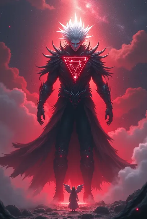 Create an imposing and powerful demon god.but has spiky white hair that radiates intense energy. His eyes are white, no pupils, and he has no mouth, which gives it a mysterious and terrifying air. Your skin is a light, cold blue, contrasting with his sinis...