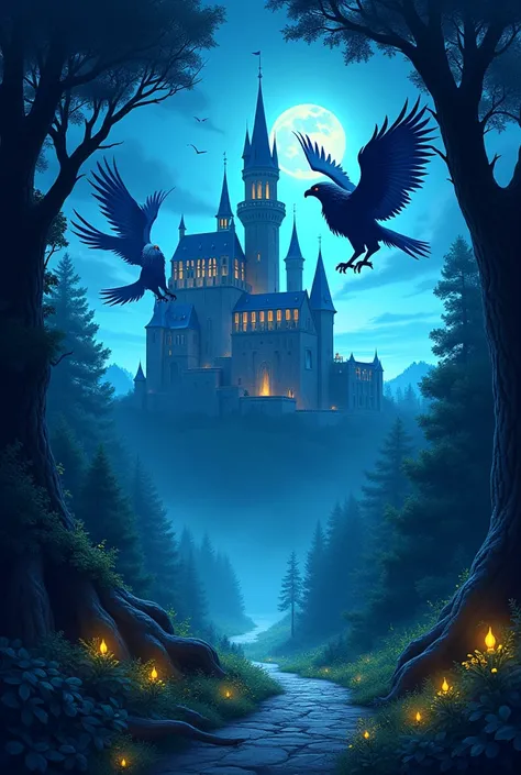 Create a book cover, the corner of the book cover below starts with the Mystical Forest and when I get to the middle there has to be a very beautiful castle and two griffins flying around the castle, this being that it is night and the forest has blue tone...