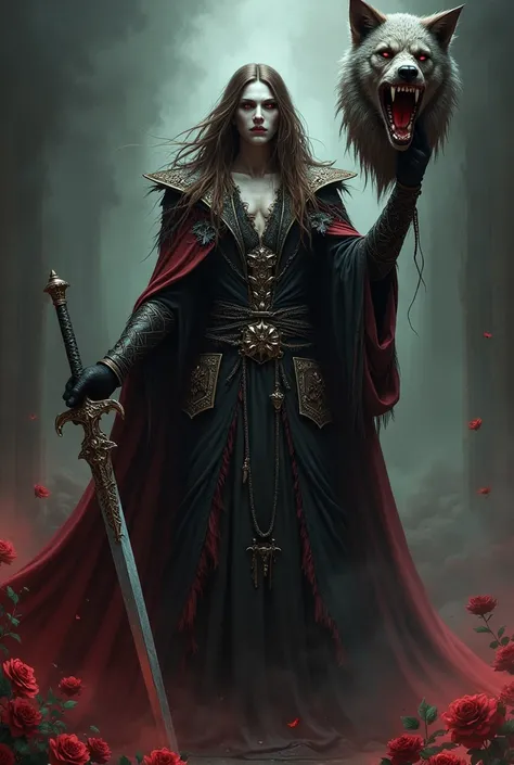 Vampire like Alucard, very long brown hair, with sword in right hand, Dingy , Dressed up, with the head of a scary werewolf very ugly face,  In the left hand, with a mystical climate.