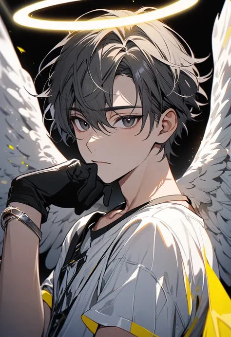 male, teenager, solo, handsome, black eyes, dark grey hair, white halo angel ring, black gloves, high detail, beautiful color, white blouse, white wings, short hair, yellow circle holo behind