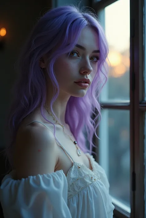 Une femme vampire, avec des cheveux violets pastel, un regard ambré et des tâches de rousseur. Vêtue dune longue robe blanche, elle regarde par la fenêtre de sa chambre le coucher du soleil.