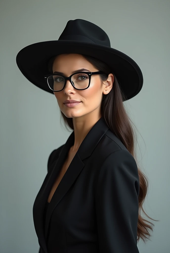 black-haired white woman with black glasses and hat, 40 years old, full body

