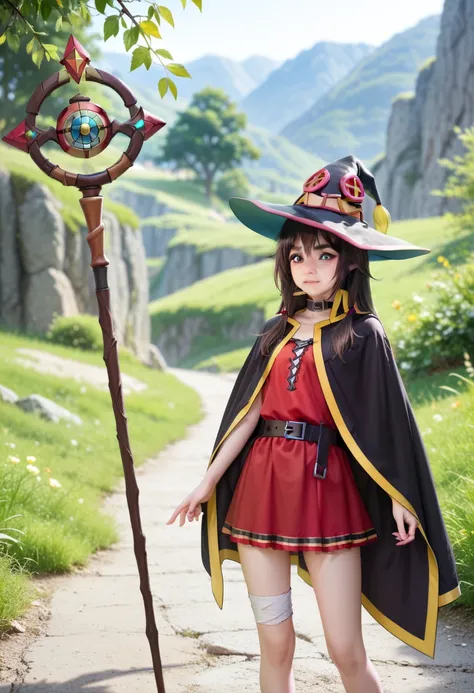 1 girl, megumin, facing away from camera, (grinding on staff), black and yellow dress is being blown up at back by wind exposing...