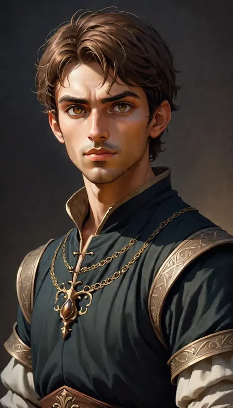 waist-length portrait, Best quality, masterpiece, contrasting light, best light and shadows, rich colors of the image, 2D illustration, empty background, front view, dark-colored clothing in medieval fantasy style, male character, young character, tall and...