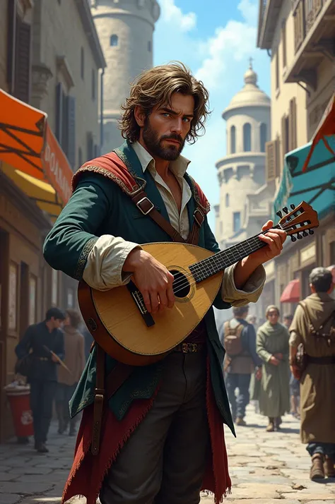 Fantasy medieval. Street performer, lute player, pickpocket, charmingly scruffy, male, blue eyes 