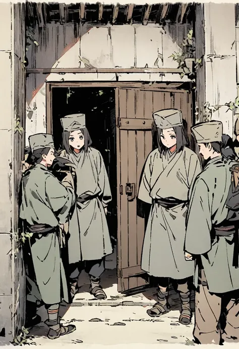 scene: Characters near the narrow entrance to the prison: Foot soldiers&#39; clothing: Old Armor Action: Pinch your nose with one hand、A painful expression while supporting the body with the other hand: Discomfort and anguish、Background with a flushed face...