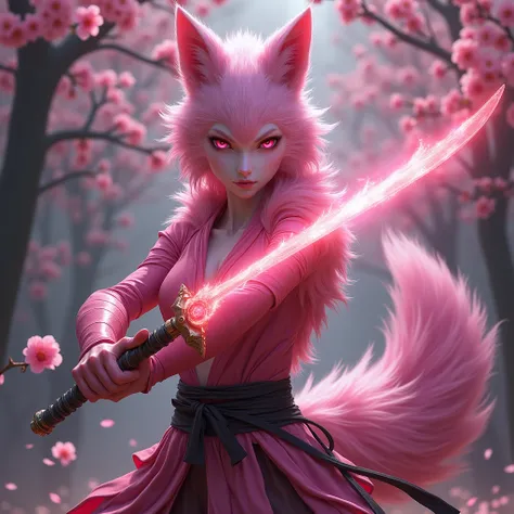 A half human half pink fox kunoichi with her fire pink ninja shuriken and a dark pink cherry blossom background and pink eyes