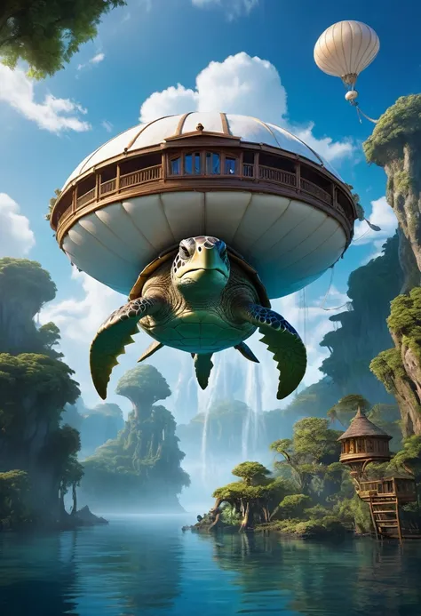 An enormous, fantastical creature that resembles a giant sea turtle, but on a massive scale, serving as a living airship. Its body is covered in soft, white feathers, and its head is adorned with elegant feather ridges that sweep backward. The creature has...