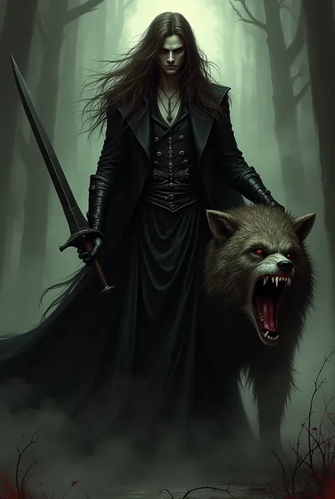 Vampire like Alucard, very long brown hair, with sword in right hand, Dingy , Dressed up, with the big head of a scary werewolf very ugly face,  In the left hand, with a mystical climate.