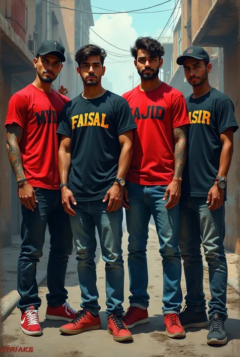 Four best friends full gangster 1st  boy name zakir written on the shirt 2nd boy name faisal written on the shirt 3rd boy name sajid  written on the shirt 4th boy name yasir written on the shirt 