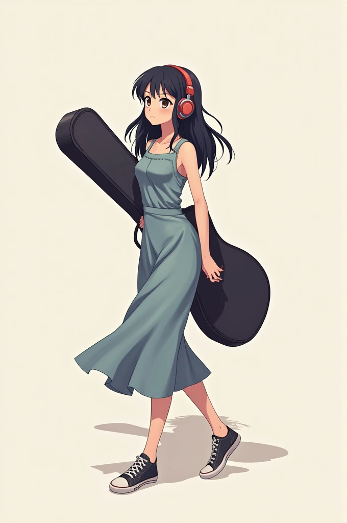 A anime girl carrying guitar cover and wearing headphones with full dress and black long hairs