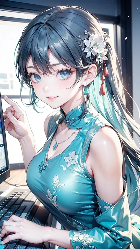 masterpiece, best quality, ultra-detailed, illustration,(1girl),beautiful detailed eyes, looking at viewer, (holding a computer keyboard), happy, (turquoise hair:1), (blue rounded eyes:1), (round earring), (turquoise big gem necklace), cute round face, lon...