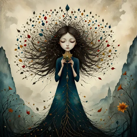 a whimsical watercolor painting by andy kehoe and tracy grimwood, catrin welz-stein . a young woman with dark blond hair energet...