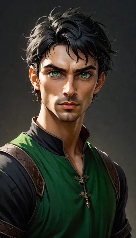 waist-length portrait, Best quality, masterpiece, contrasting light, best light and shadows, rich colors of the image, 2D illustration, empty background, front view, dark-colored clothing in medieval fantasy style, male character, young character, athletic...