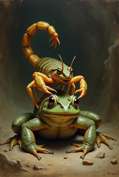 A small scorpion on top of a frog in the style of a painting