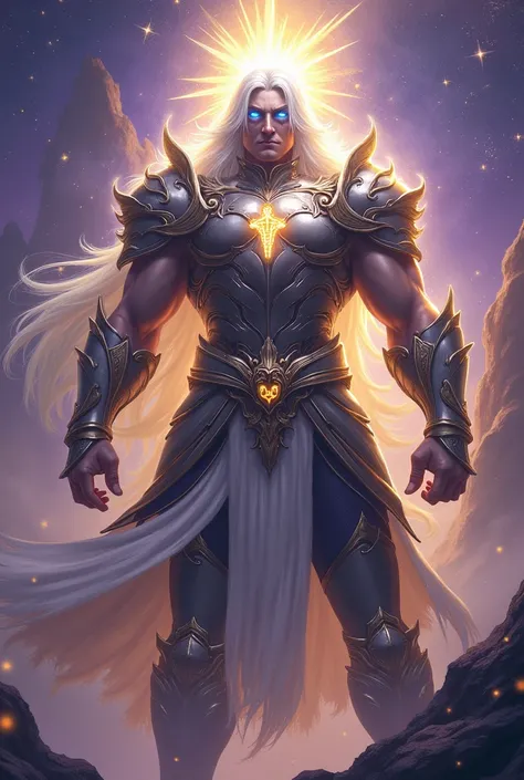 Create an imposing white-haired god, with fair skin and blue eyes that shine with divine intensity. He wears armor worthy of a god of war., made of divine materials and resplendent with gold and silver details, that emanate strength and authority. A powerf...