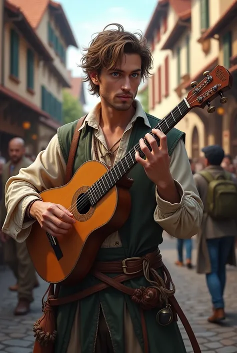 Fantasy medieval. Street performer, lute player, pickpocket, charmingly scruffy, male, blue eyes, 