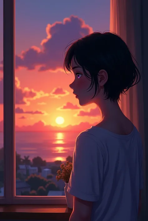 A woman, with short black hair, purple eyes and freckles. She looks out of her bedroom window at the sunset..