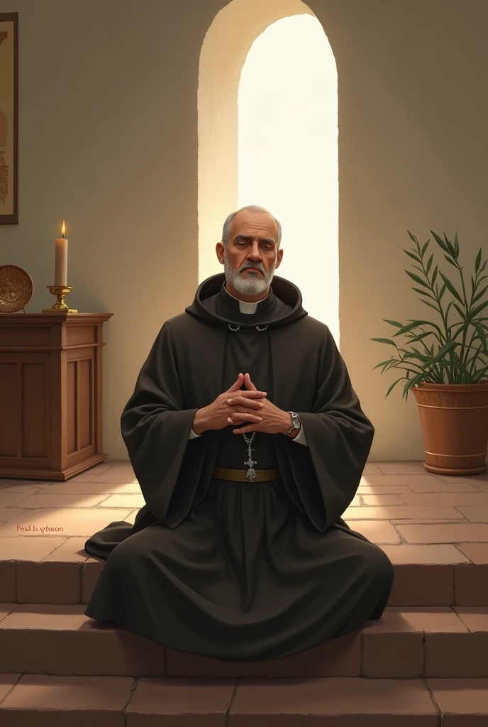 Create a realistic-style illustration of Saint Pio of Pietrelcina within a simple church setting. Saint Pio is the central focus, depicted in a meditative posture with a serene expression. The church environment is minimalist, with subtle details such as s...