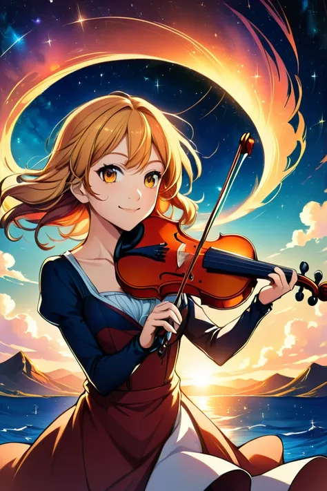 against the background of the sunset sky, a girl with hair fluttering in the wind is smiling with a violin, the sky where the st...