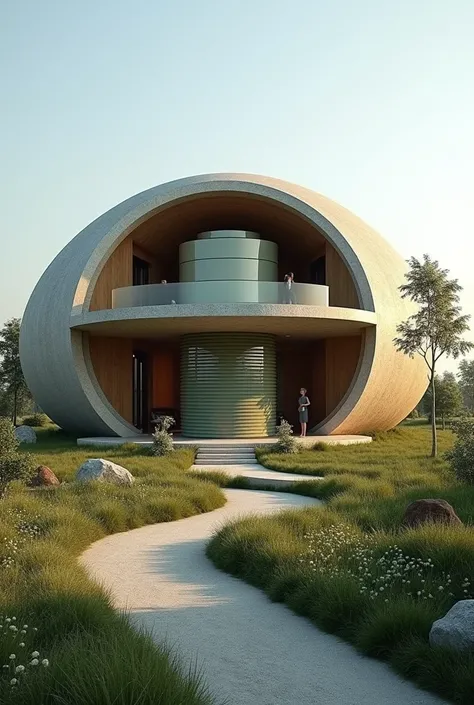 A two-story rural house with a length of 50 meters and a width of 5 meters, which is built in a round shape and has a water tank in the middle It also has a terrace Ecotourism