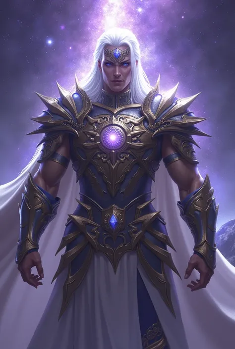 Create a 60-year-old imposing white-haired god, with fair skin and blue eyes that shine with divine intensity. He wears armor worthy of a god of war., made of divine materials and resplendent with gold and silver details, that emanate strength and authorit...