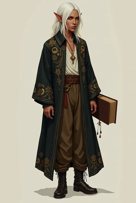 Lex&#39;s physical characteristics are:
White hair with yellow highlights, dark skin, slightly pointed ears - suggest elven blood.
Black tunic - highlighted by gold embroidery with symbols such as books, swords and scales.
Simple clothing - including brown...