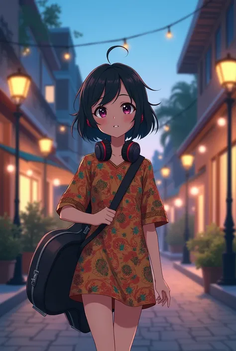 A anime girl carrying guitar cover and wearing headphones with short kurti 
and black long hairs casually walking on street in beautiful evening time 
