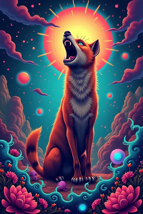 Create a Rock Band Poster 5th Grade E ,  with a singing hyena  , dream style



