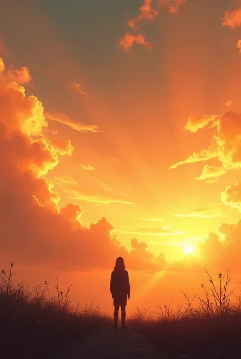 Realistic dark image of a sky in shades of gold and orange, with delicate clouds and the feeling of infinity. Show someone looking at the horizon, as if searching for something.