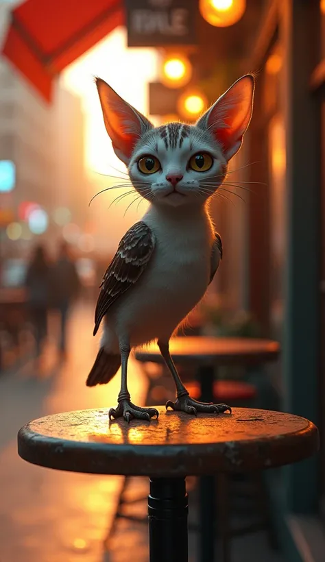 Hybrid between cat and sparrow, small sparrow with cat head, cat hind legs, on top of a bar table on the sidewalk, sunset, extremely vivid and detailed place, blurred background, hyperrealistic, action scene, cinematic, perfect textures