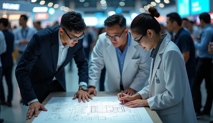 A fine-looking 30-year-old asian man, wearing a watch, is looking at a 2 fine looking professor collecting her blueprint on the floor. setting in a crowded science expo.