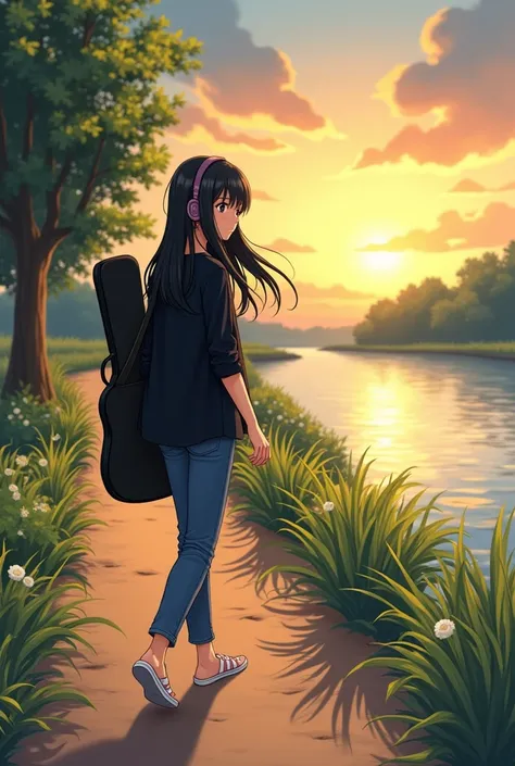 A anime girl carrying guitar cover and wearing headphones with black short kurti 
and jeans with black 
long hairs casually walking on street near the river in beautiful evening time the side view 
