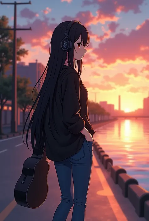 A anime girl carrying guitar cover and wearing headphones with black short kurti 
and jeans with black 
long hairs casually walking on street near the river realistic 
in beautiful evening time the side view 
