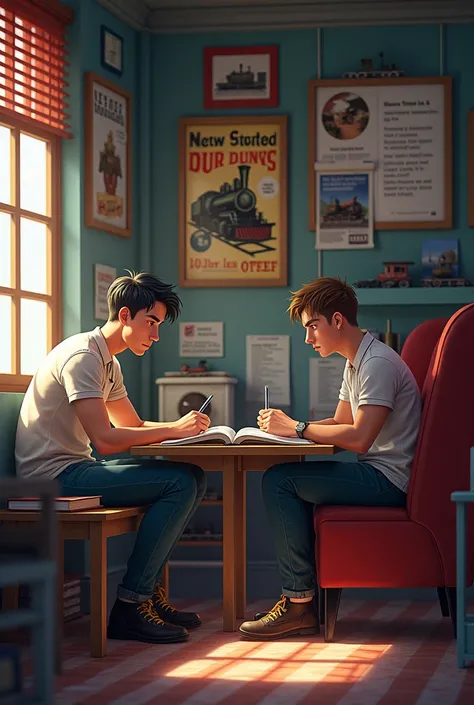 “Two (male) friends, one diligently studying at a desk surrounded by books and notes, and the other looking bored and distracted, in a room with railway-themed decorations.