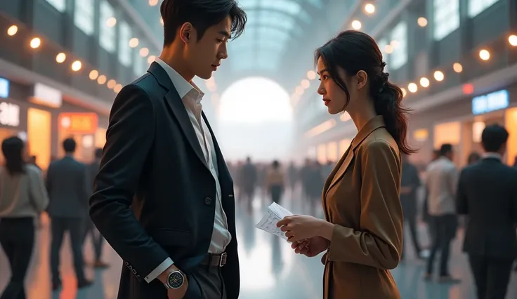 A fine-looking Asian man, wearing a watch, is looking at a young fine-looking professor collecting her dropped blueprint on the floor. the location is a crowded science expo.