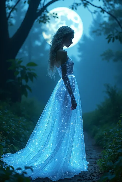 A fine art photography of an eternal beautiful girl wearing a bioluminescent haute couture dress, Elysium landscape background, atomiccore, moonlit, Gucci futuristic sci-fi fashion  —ar 5:7 —s 250