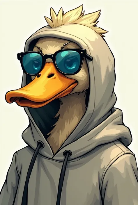 I&#39;d like it to have sunglasses with blue tint, an animal face, and a duck-like feel. I&#39;d like it to be drawn with only the upper body shown. And I&#39;d like it to be wearing a hoodie. I&#39;d like it to be a duck with a somewhat human-like shape.