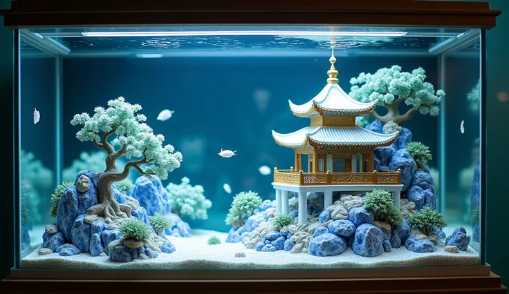 A big fish tank with real,miniature,Three-dimensional blue and white porcelain miniature landscape，Gold enamel，Jade Chinese Ancient Architecture，Luminescence，quilt，Transparent glass texture，Ceramic texture，,生物Luminescence效果，Blue and white，Minimalist compos...