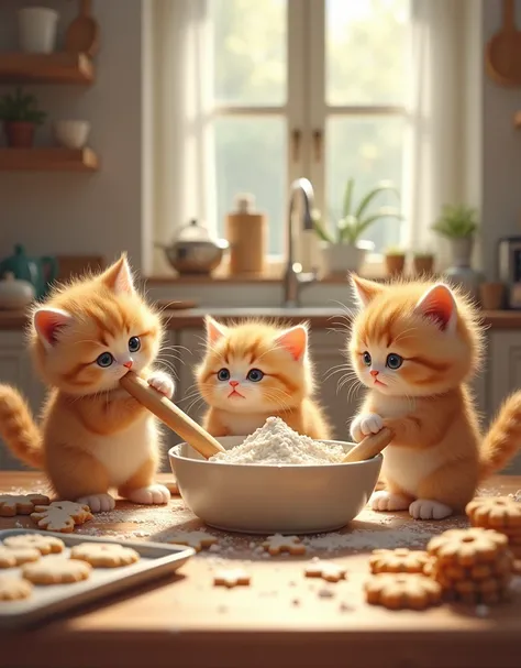 Kittens Baking Cookies: In a cozy kitchen, a group of fluffy kittens is attempting to bake cookies. One kitten, with flour all over its face, stands on its hind legs stirring a bowl much too big for it. Another kitten paws at a rolling pin, trying to flatt...